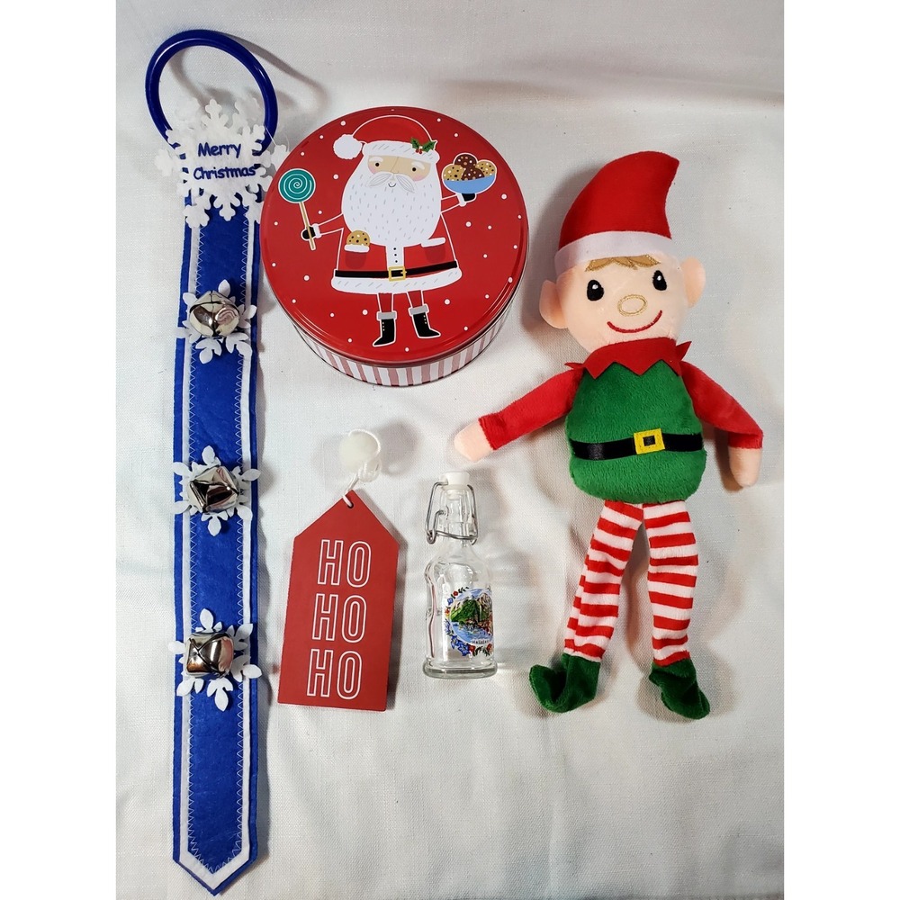 Christmas Decor Lot Elf‎ Plush Santa Tin Jingle Bell Door Hanger Ornaments